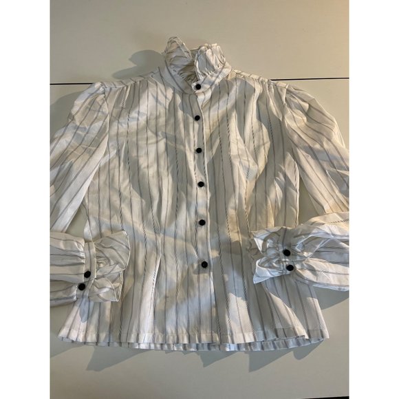 Vintage 80s High Collar Ruffle Blouse Size M Medium Striped Edwardian Gothic - Picture 8 of 8